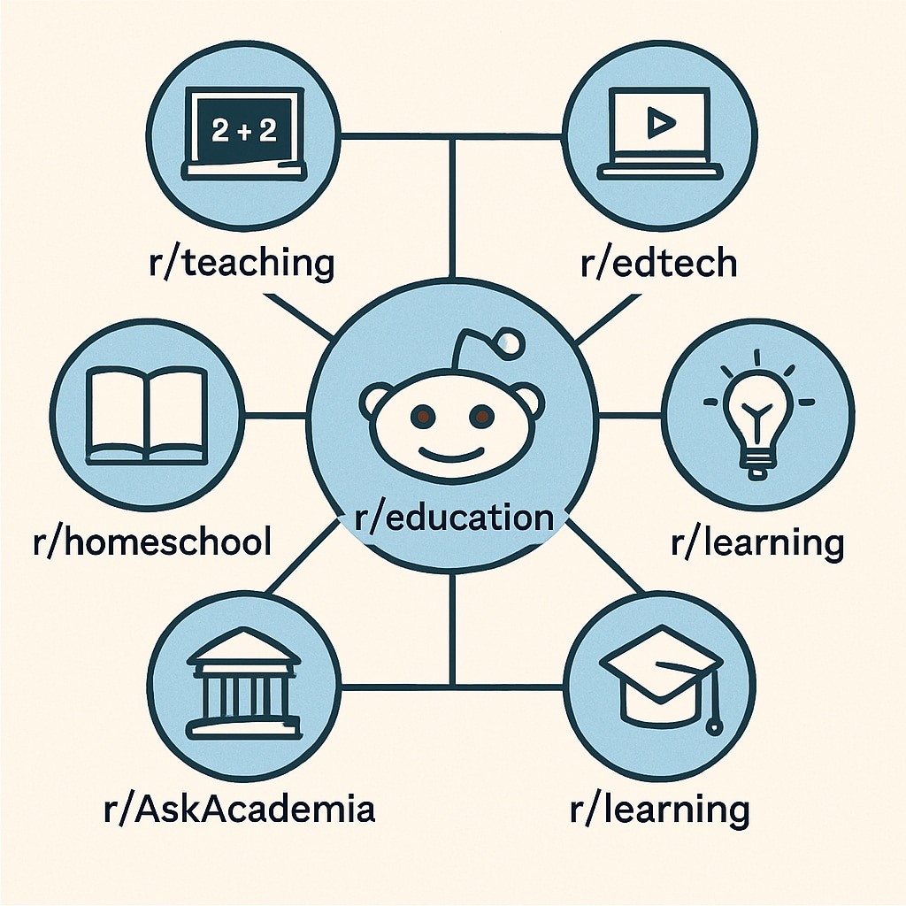 A visual representation of interconnected Reddit subreddits forming an education network. Network of Reddit subreddits for education showcasing teacher collaboration.
