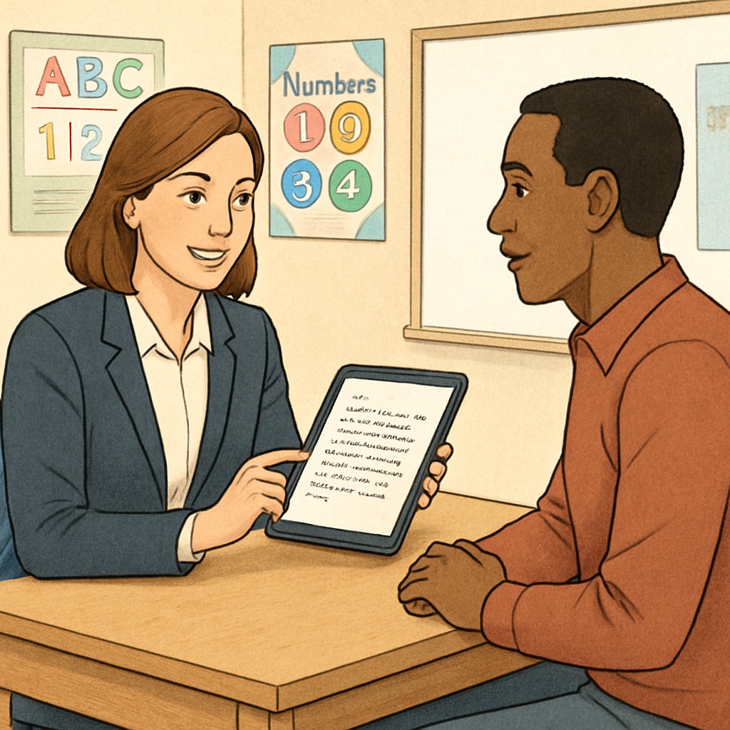 Teacher using WillowVoice speech-to-text app during a parent-teacher meeting.