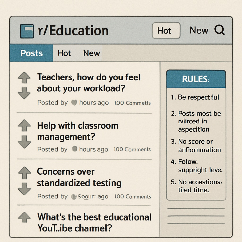 Screenshot of Reddit's r/Education homepage showcasing discussions and community rules.