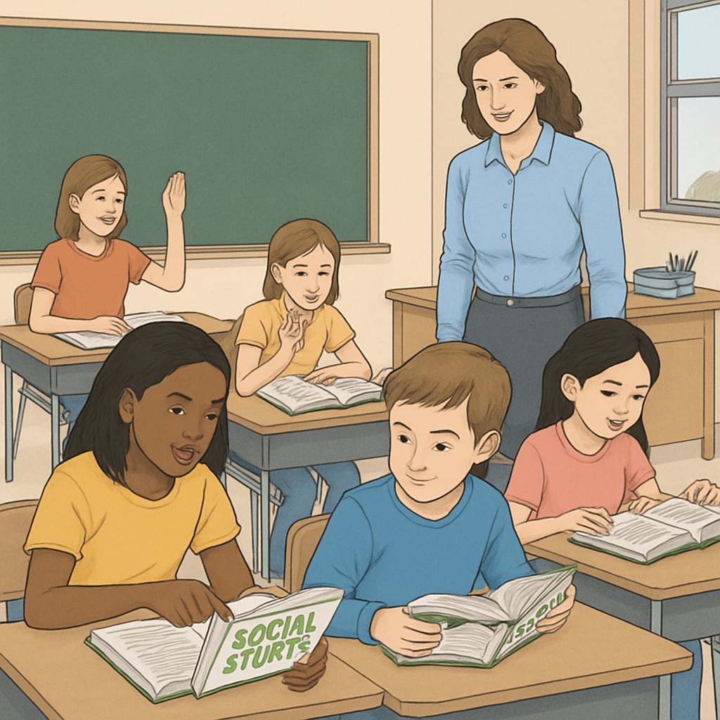 Students reading social studies textbooks addressing class structure and societal dynamics.