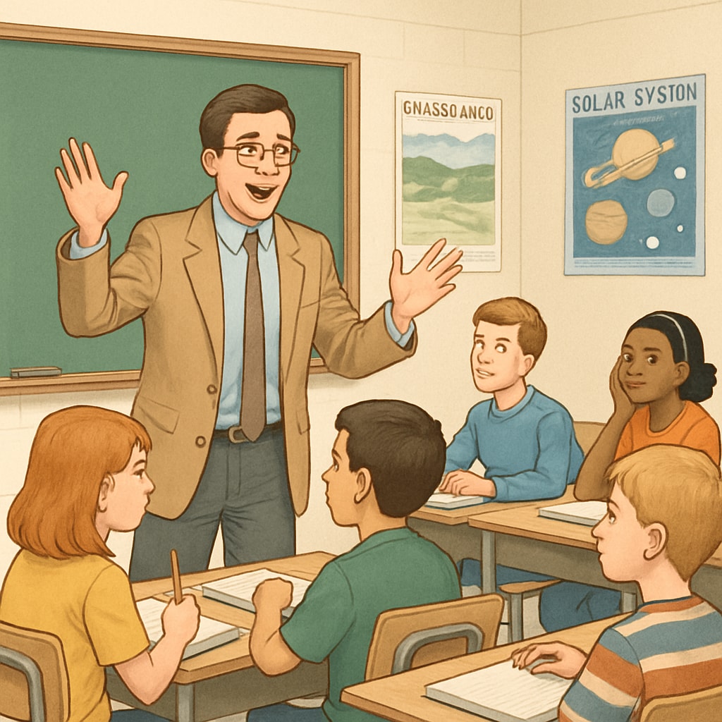 A teacher interacting with a classroom of mixed levels of student engagement.