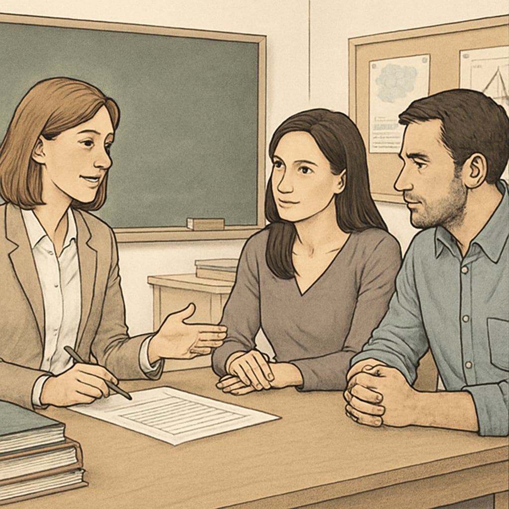 Parent-teacher meeting discussing controversial educational content on class structures.
