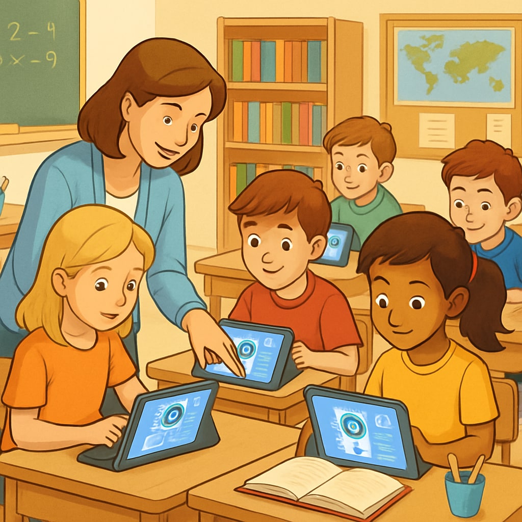 A classroom scene showing students using AI-powered learning tablets, with a teacher assisting and others working independently. AI-powered learning tablets in a classroom environment.