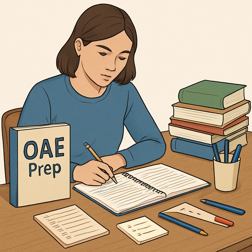 A detailed image of an aspiring teacher studying for the OAE with books and notes spread out on a desk, illustrating preparation efforts. Aspiring teacher studying for the OAE exam with books and notes on a desk