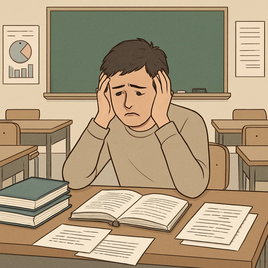 An illustration depicting a distressed student in a classroom setting, symbolizing the emotional impact of unjust plagiarism accusations. Distressed student facing unjust plagiarism accusations in a classroom setting