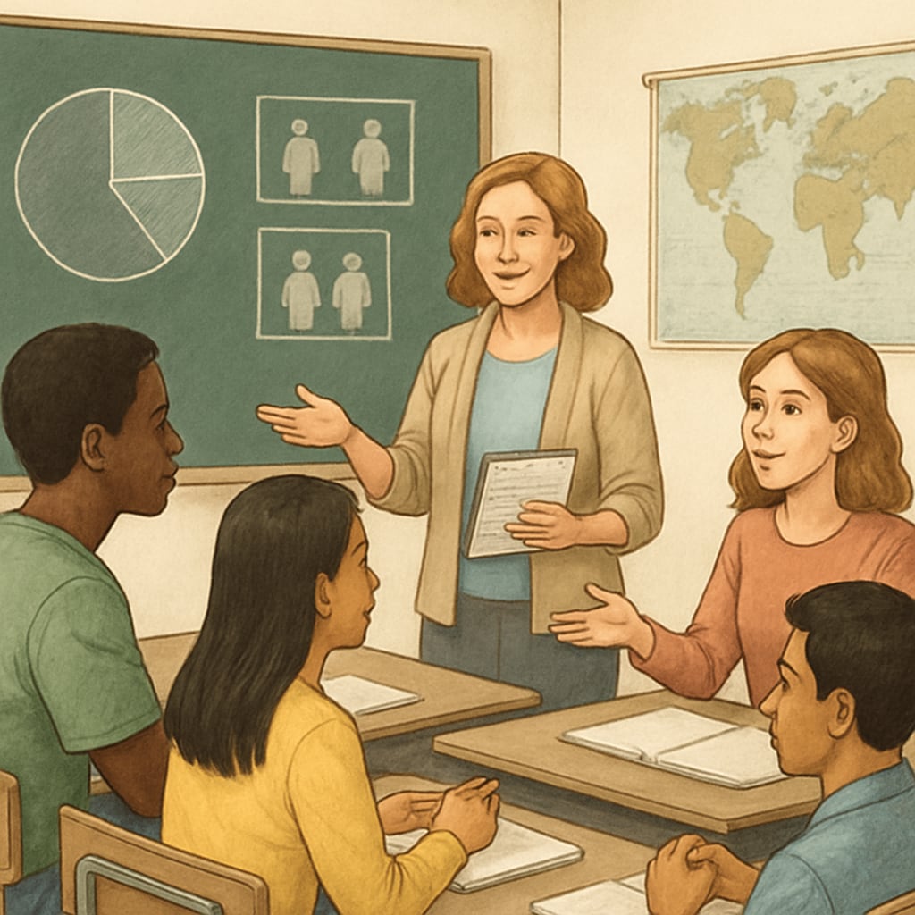 A classroom setting where students discuss social issues, symbolizing the role of education in shaping societal perspectives. Students in a classroom discussing class stratification and social mobility.