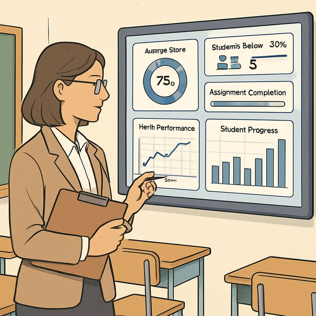A teacher reviewing AI-generated dashboards displaying real-time student performance metrics. AI-generated dashboards for tracking student performance in education.