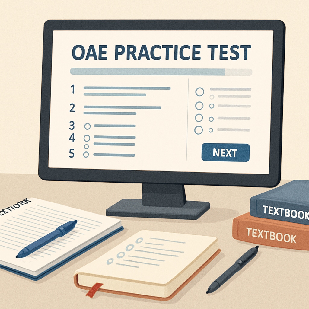 An image of a computer screen showing an online OAE practice test interface with study materials nearby, depicting digital learning tools. Computer screen displaying an OAE practice test interface with study materials