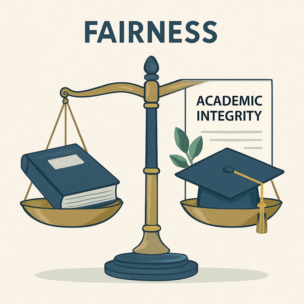 A conceptual graphic showcasing a balanced scale, representing fairness in academic integrity processes. Graphic of a balanced scale symbolizing fairness in academic integrity processes
