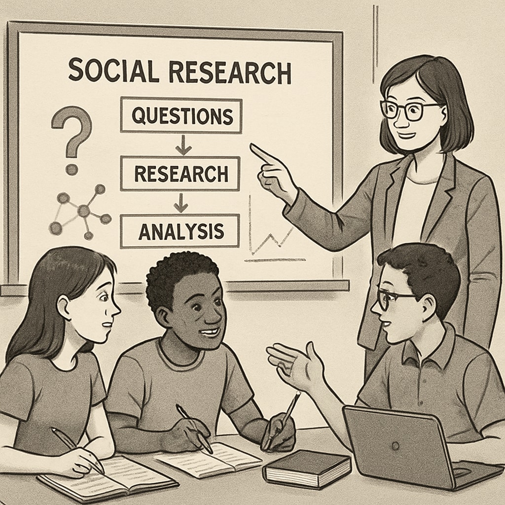 A teacher guiding students through a social research project, emphasizing critical inquiry and problem-solving. A teacher helping students analyze social systems in a classroom setting.