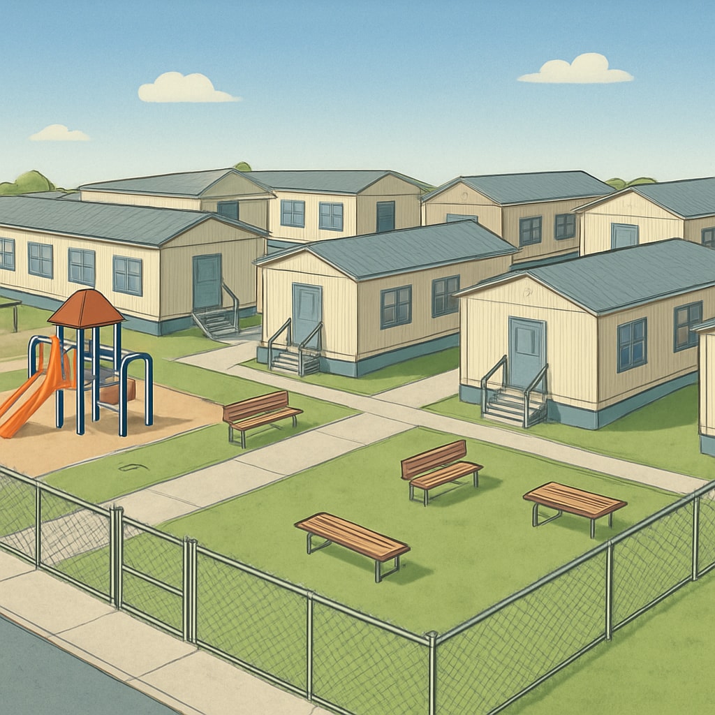 A temporary school campus, featuring portable classrooms and limited recreational areas, symbolizing the challenges of school reconstruction. Temporary school campus with portable classrooms and limited playground space.