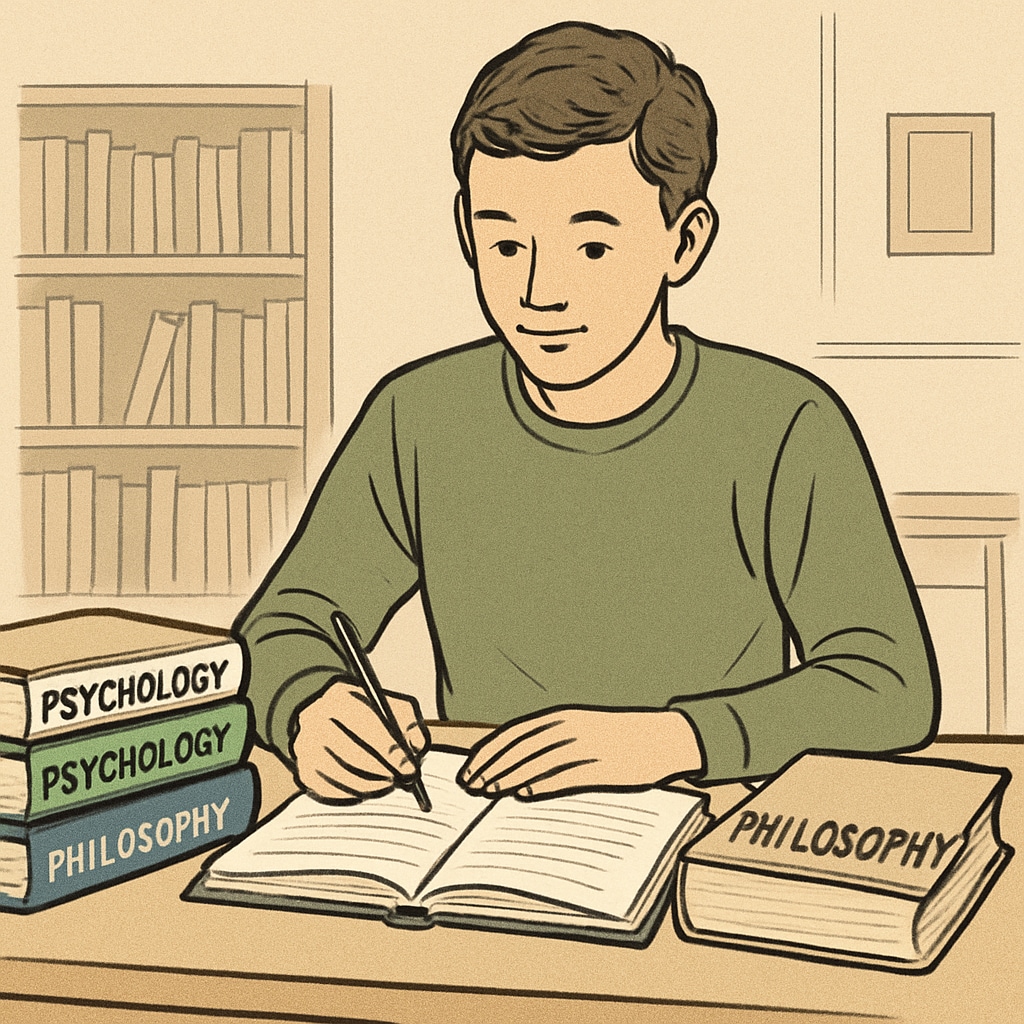 A young student sitting at a desk, surrounded by books on psychology and philosophy, with a notebook open for writing. Student studying psychology and philosophy with books and a notebook.