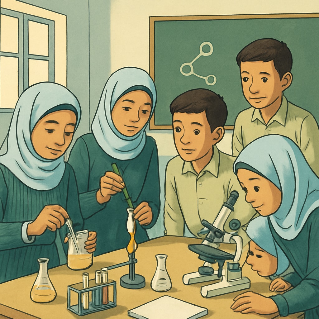 Gaza school classroom with students conducting science experiments