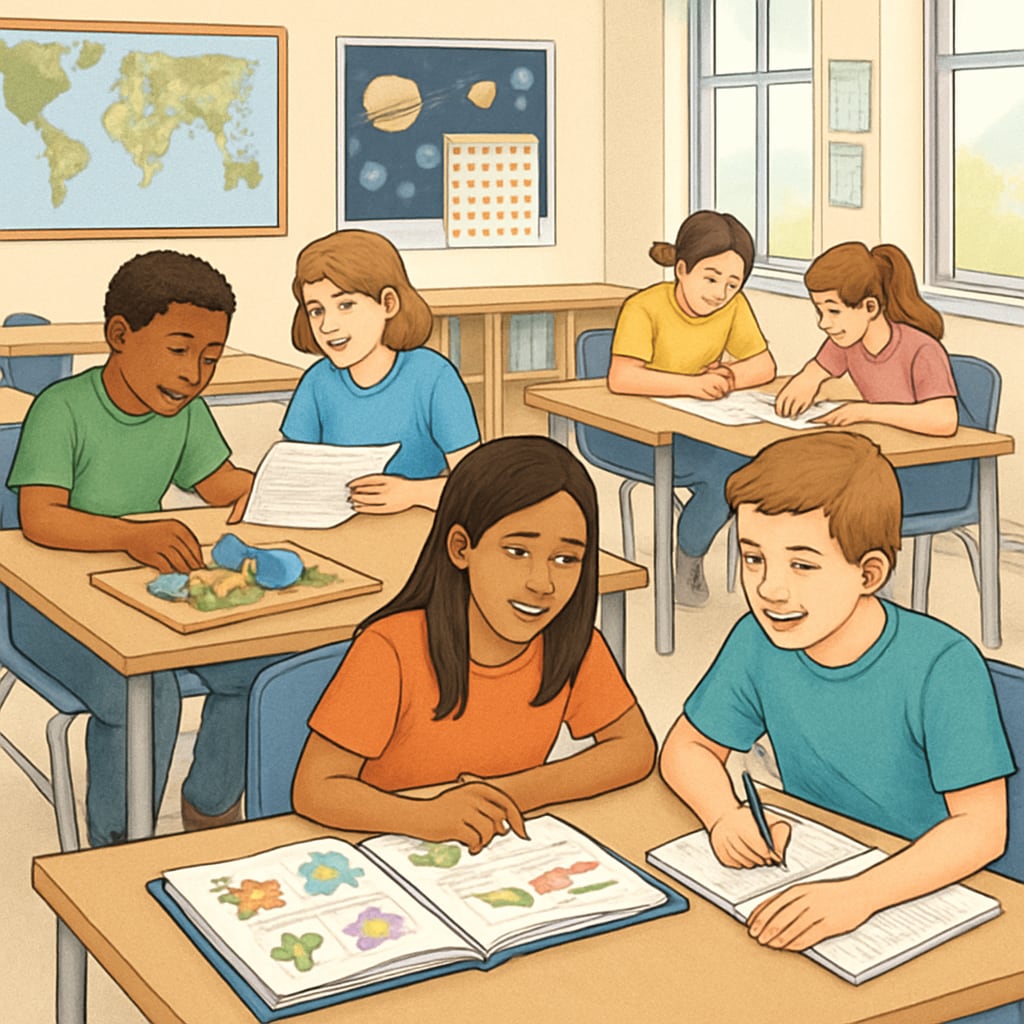 A classroom featuring students engaged in collaborative learning with diverse assessment tools like projects and portfolios. Classroom with students working collaboratively on alternative education assessment methods.