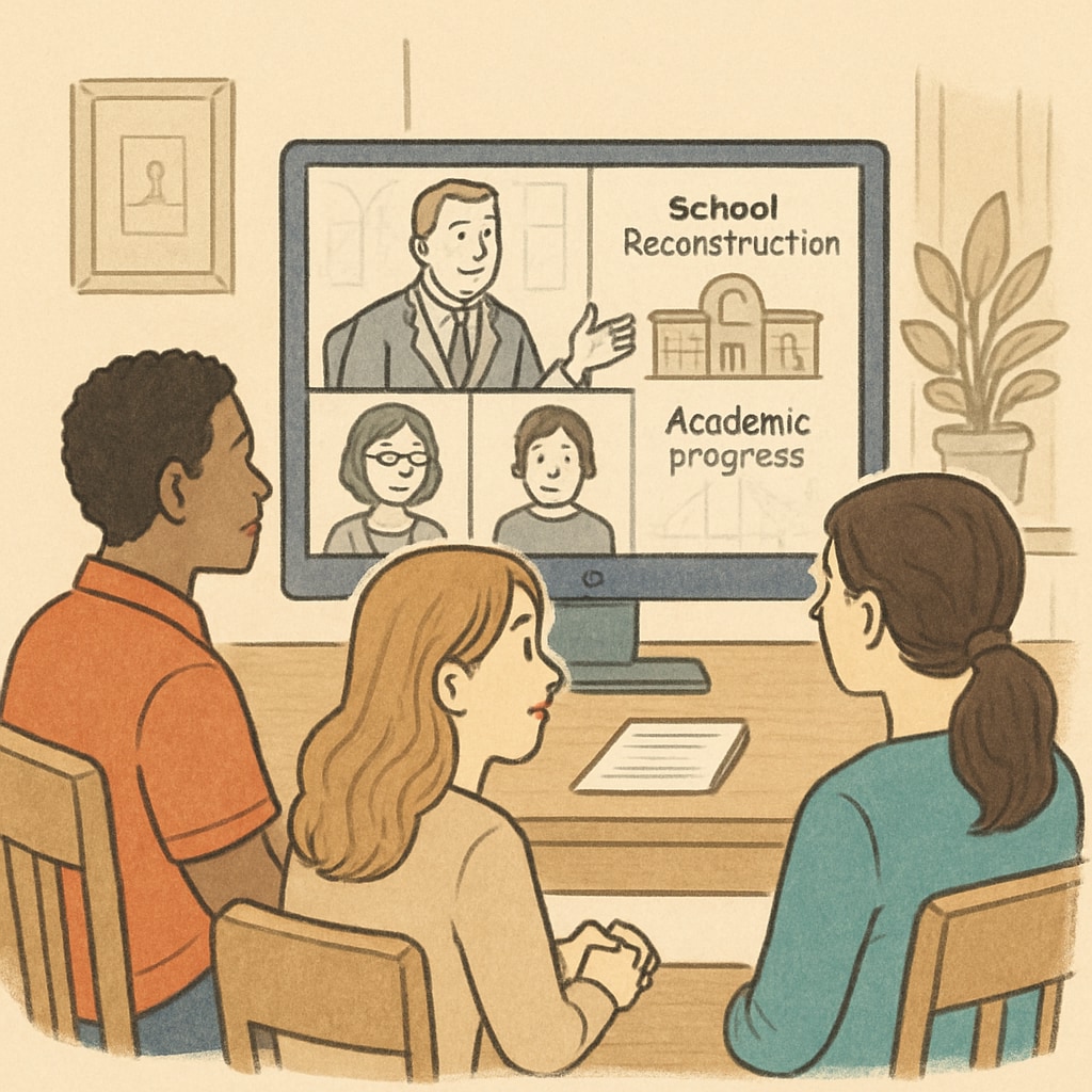 Parents participating in a virtual meeting, discussing updates on school reconstruction and their children's progress. Parents in a virtual meeting discussing school updates during reconstruction.