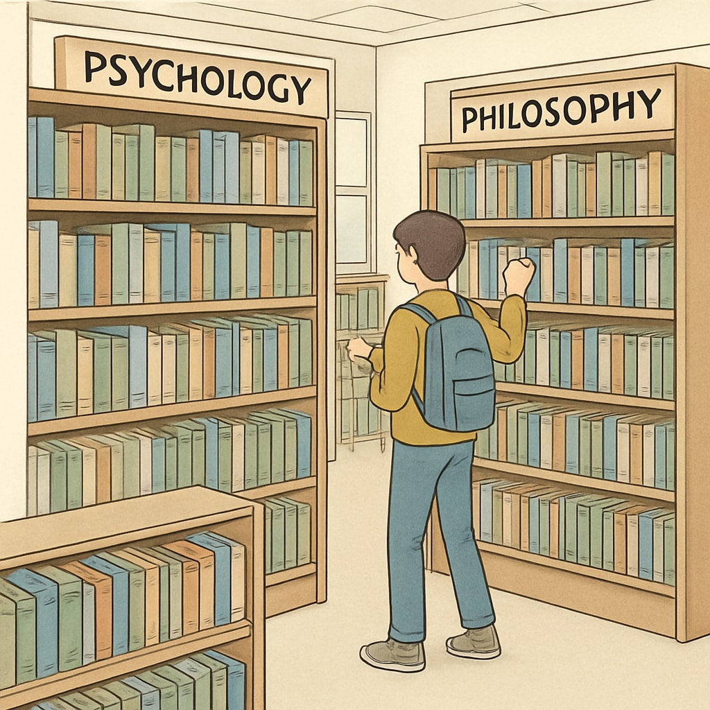 A library interior with shelves filled with psychology and philosophy books, and a student browsing the collection. A library scene with psychology and philosophy books for self-learning.