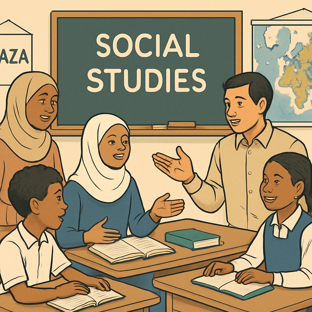 Gaza school students and teacher discussing social studies topics