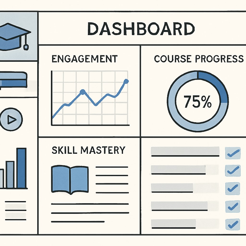 A digital platform dashboard showing real-time learning metrics such as engagement levels and skill mastery. Dashboard displaying real-time analytics for learning progress and engagement.
