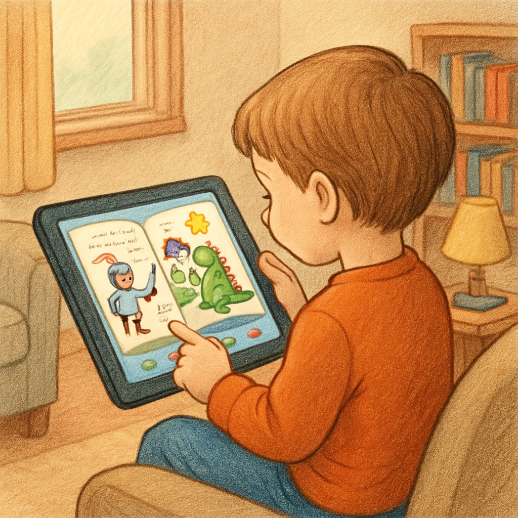 A child using a tablet to read a colorful, interactive storybook in a home setting Child reading a digital storybook on a tablet