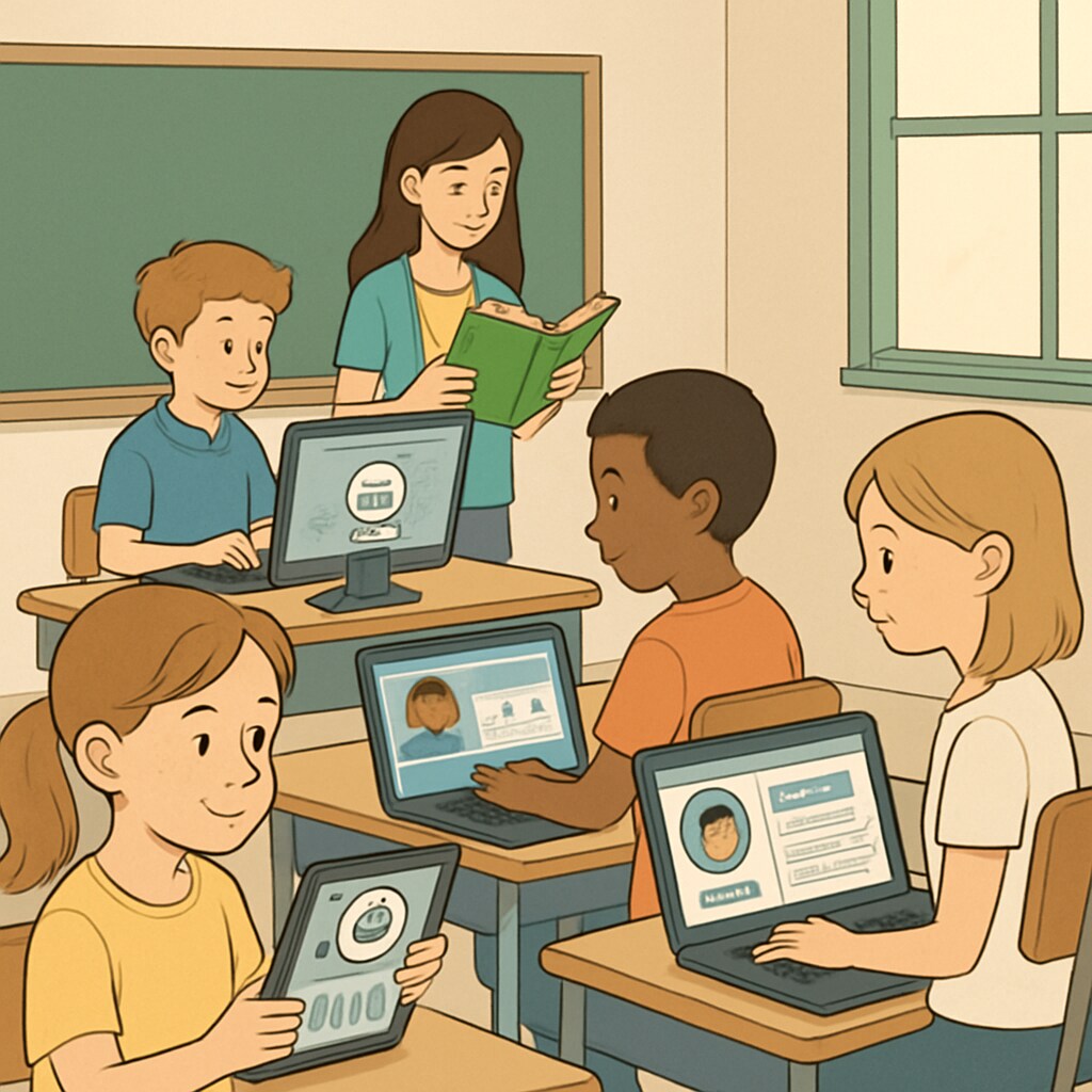 A classroom equipped with AI-powered devices, showing students interacting with personalized learning software. AI-powered classroom enhancing school education and future learning.
