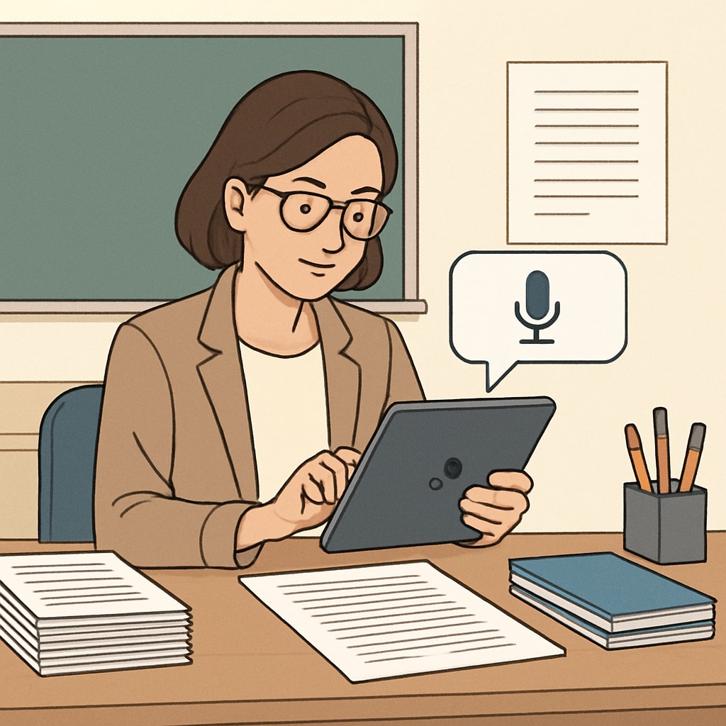 A teacher using a speech-to-text application on a tablet to grade student assignments. Teacher utilizing WillowVoice speech-to-text technology for grading.