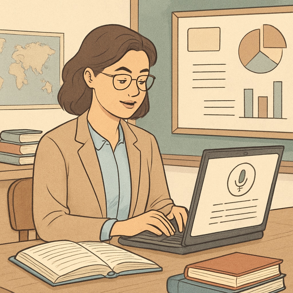 A teacher using a speech-to-text tool to prepare lesson plans in a classroom setting. Teacher using WillowVoice speech-to-text tool for lesson planning.