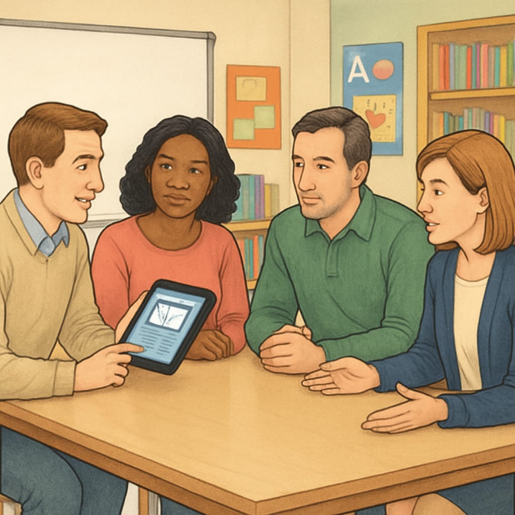 Parents and teachers gathered in a classroom, discussing a tablet-based reading app Parents and teachers collaborating on a children's reading app