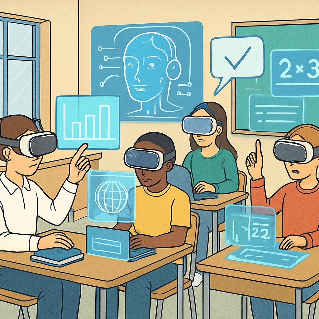 Students using VR headsets while an AI system provides real-time feedback on their learning activities. Students interacting with AI-driven VR technology in classrooms.