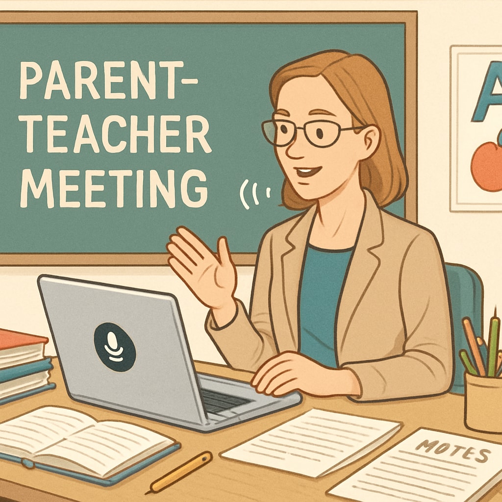 An educator dictating notes into a laptop using voice recognition software during a parent-teacher meeting. Educator employing WillowVoice for administrative tasks during a meeting.
