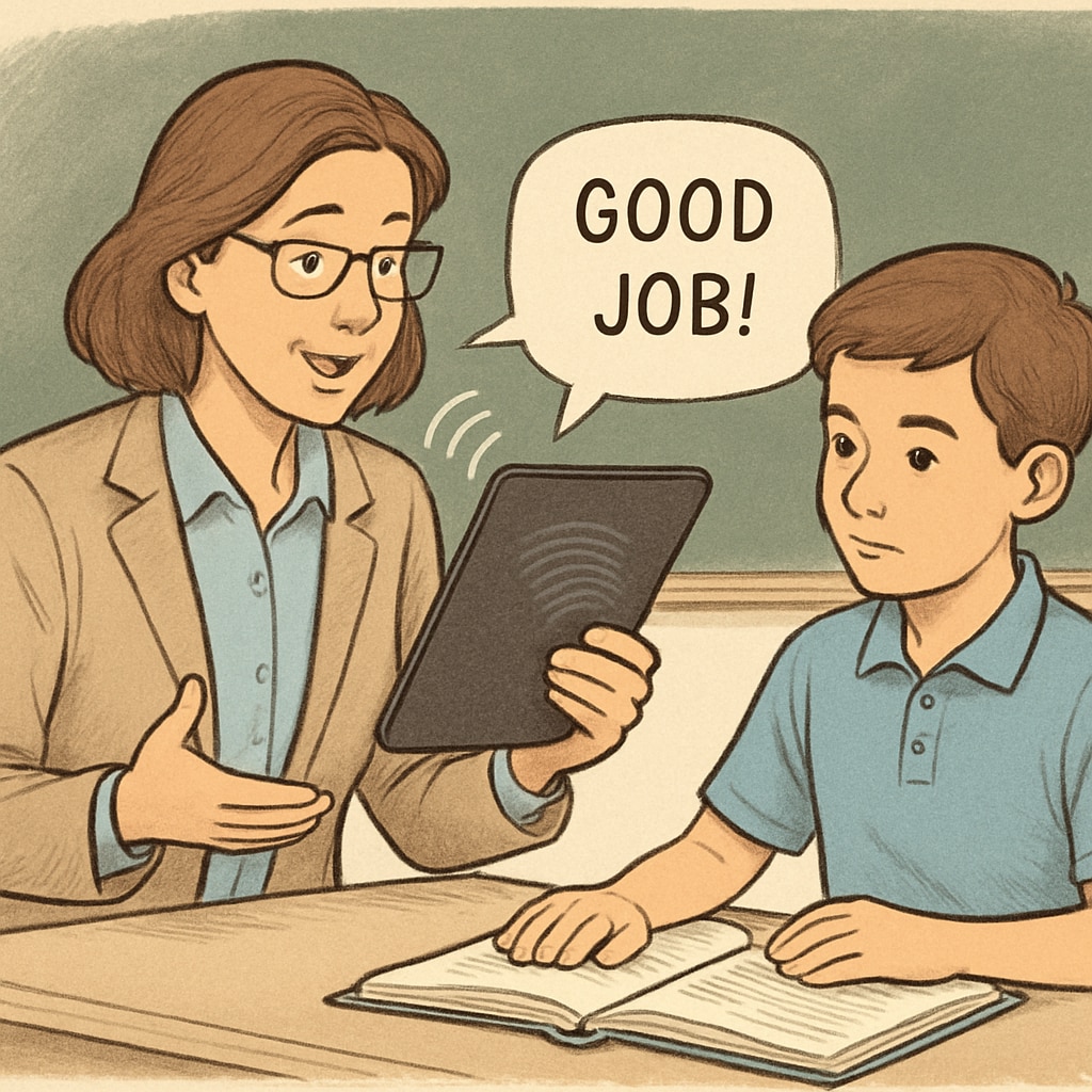A teacher providing verbal feedback to a student while using a tablet with speech-to-text technology. Teacher giving feedback using speech-to-text technology in a classroom.
