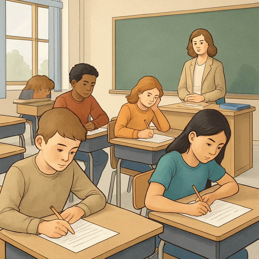 A classroom setting where students are taking a test, showcasing focus and engagement. Students engaged in test-taking in a classroom, emphasizing the importance of quality resources.