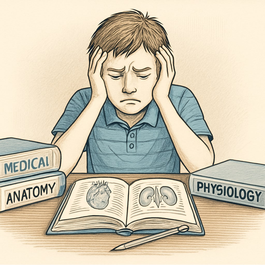 A student sitting at a desk with medical textbooks, visibly struggling to concentrate, representing the challenges faced by those with learning disabilities. Student facing learning disabilities while studying for medical dreams.