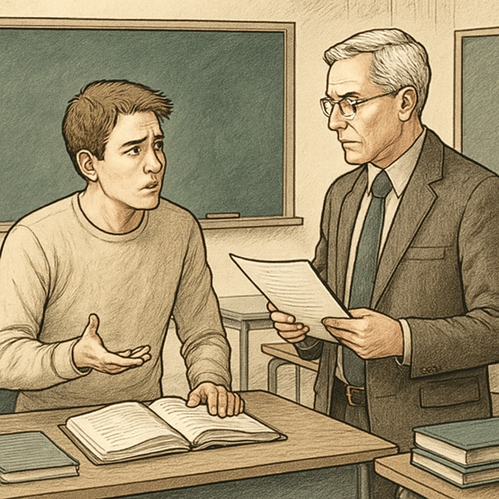 A concerned student discussing a plagiarism accusation with a professor in a classroom setting. Student and professor discussing a plagiarism accusation, illustrating academic integrity issues.