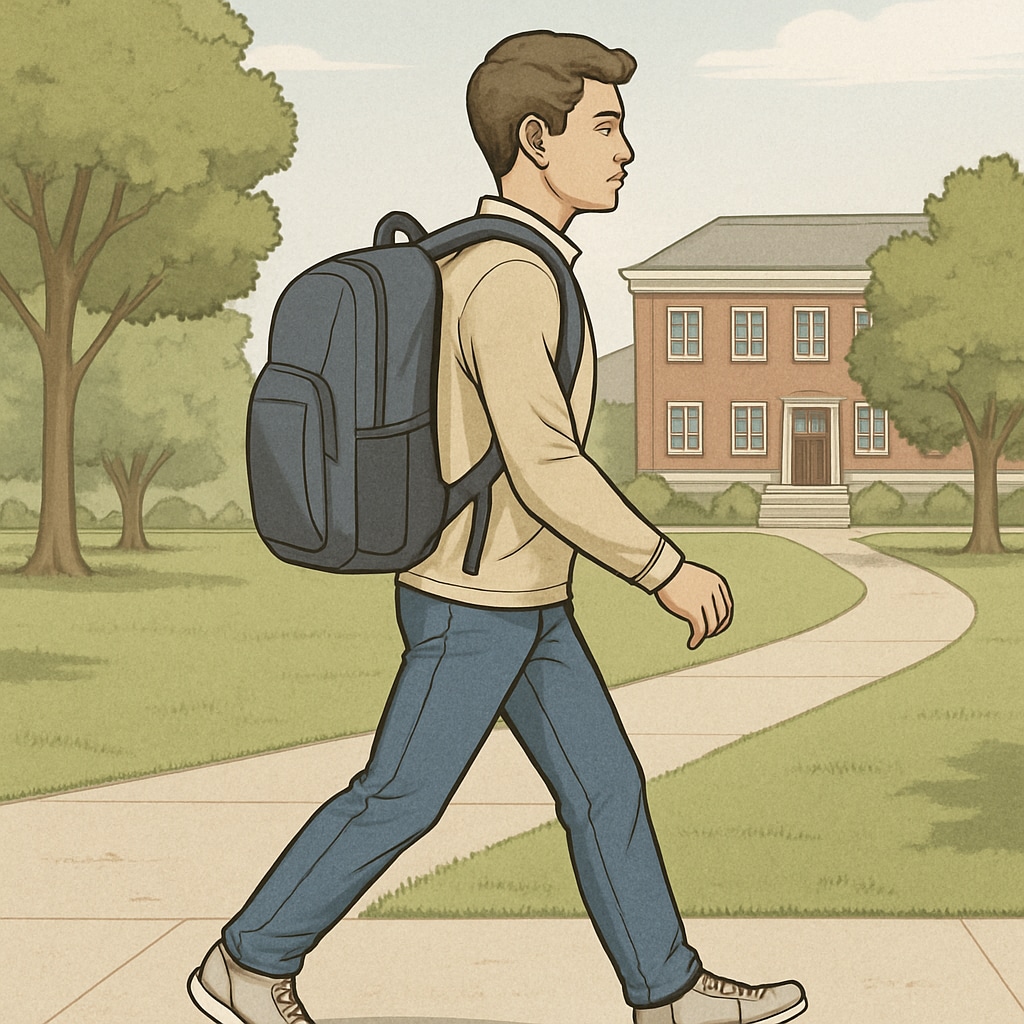 A college student carrying a modern, ergonomic backpack while walking across campus. college student with ergonomic backpack