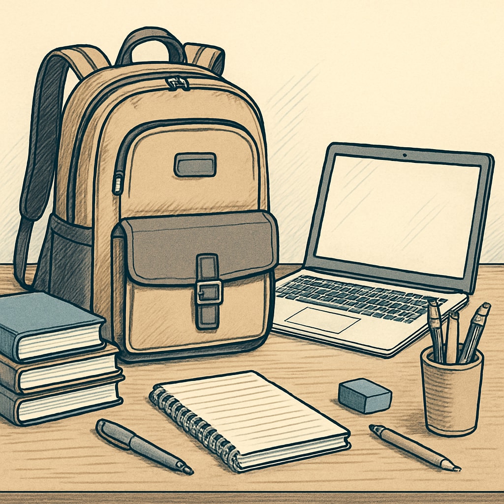 A hybrid backpack displayed on a desk with a laptop, books, and other college essentials. hybrid backpack with college essentials