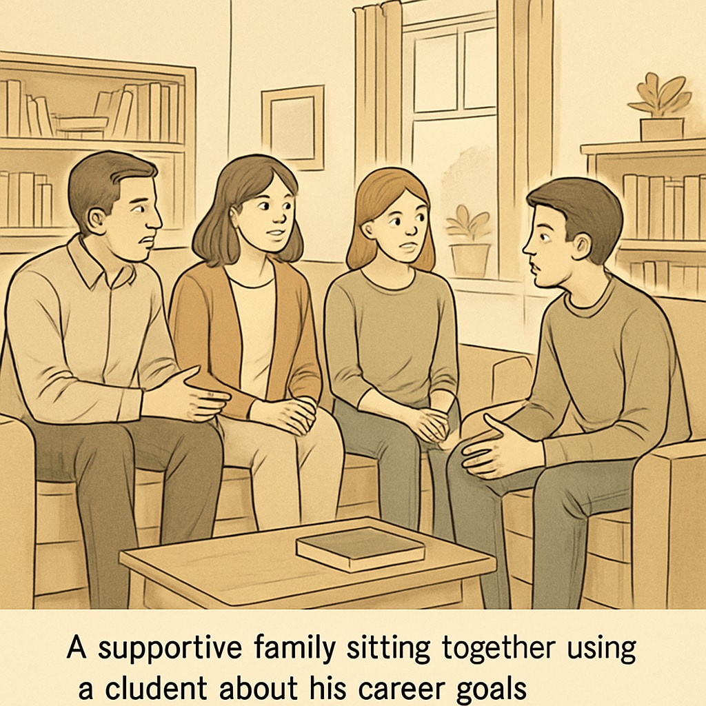 A supportive family discussing career goals with a student in a home setting, symbolizing the importance of communication and understanding family expectations. Family supporting a student with learning disabilities pursuing medical ambitions.