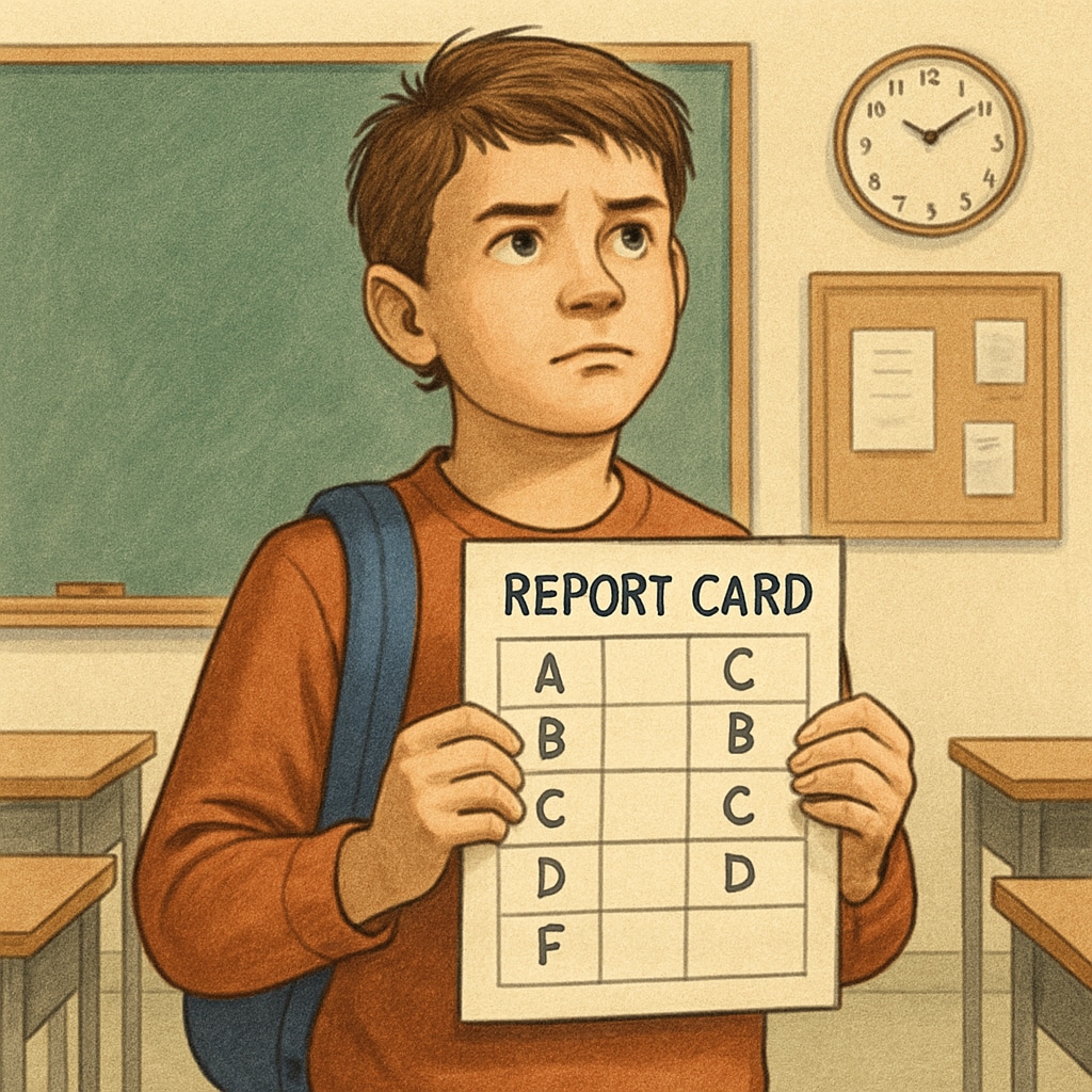 A student holding a report card with mixed grades, symbolizing academic challenges and resilience. Student with report card demonstrating resilience in academics for college applications.