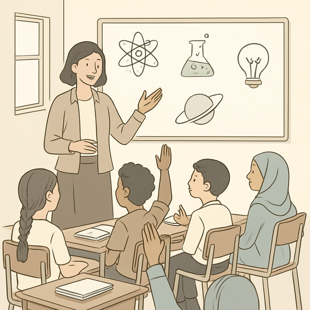 A classroom with children and a teacher discussing science topics, symbolizing education rebuilding efforts in Gaza. Classroom scene with students and teacher in post-conflict Gaza discussing science topics.