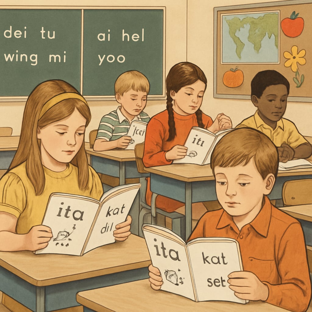 A classroom from the 1970s where children are using ITA textbooks, showcasing the simplified alphabet in practice. 1970s classroom with children learning ITA, illustrating its simplified phonetic symbols.