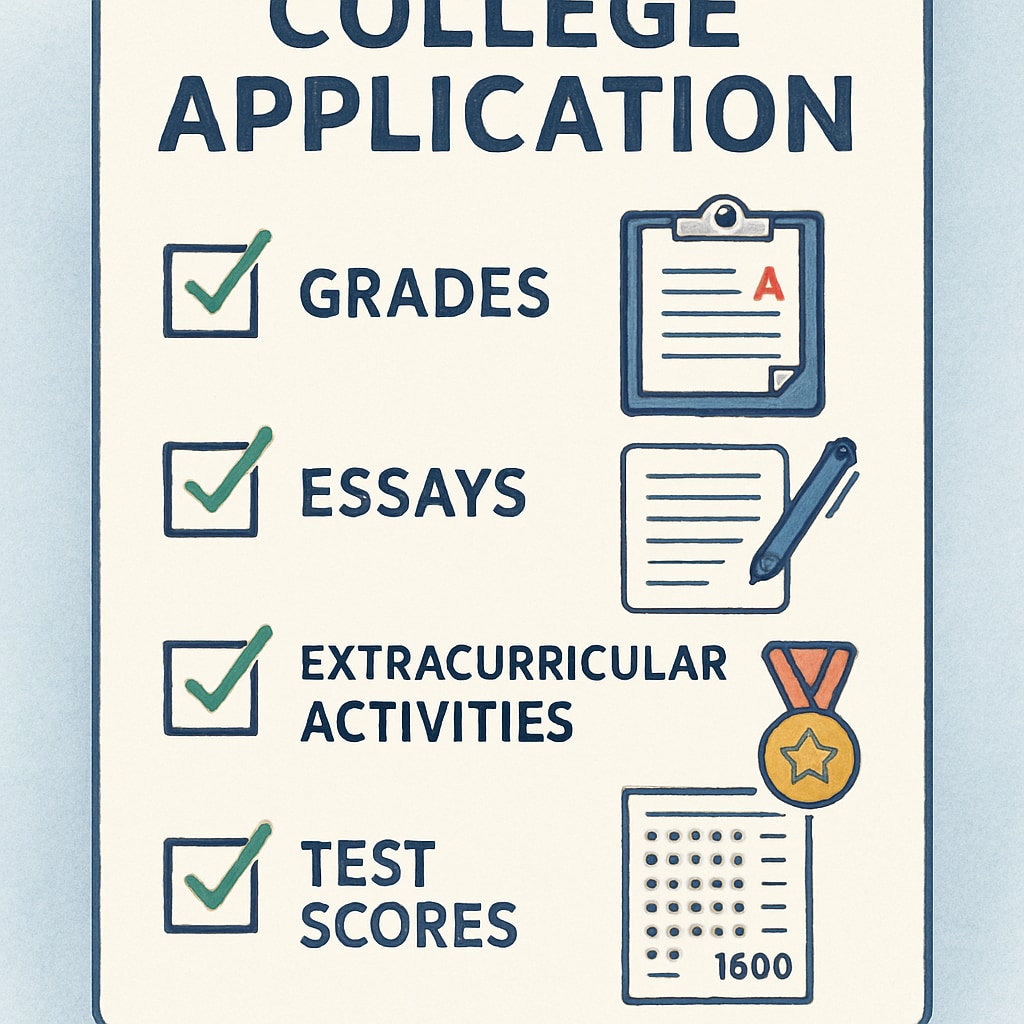 A college application checklist highlighting grades, essays, extracurriculars, and test scores. College application checklist showing the importance of grades, essays, and extracurricular achievements.