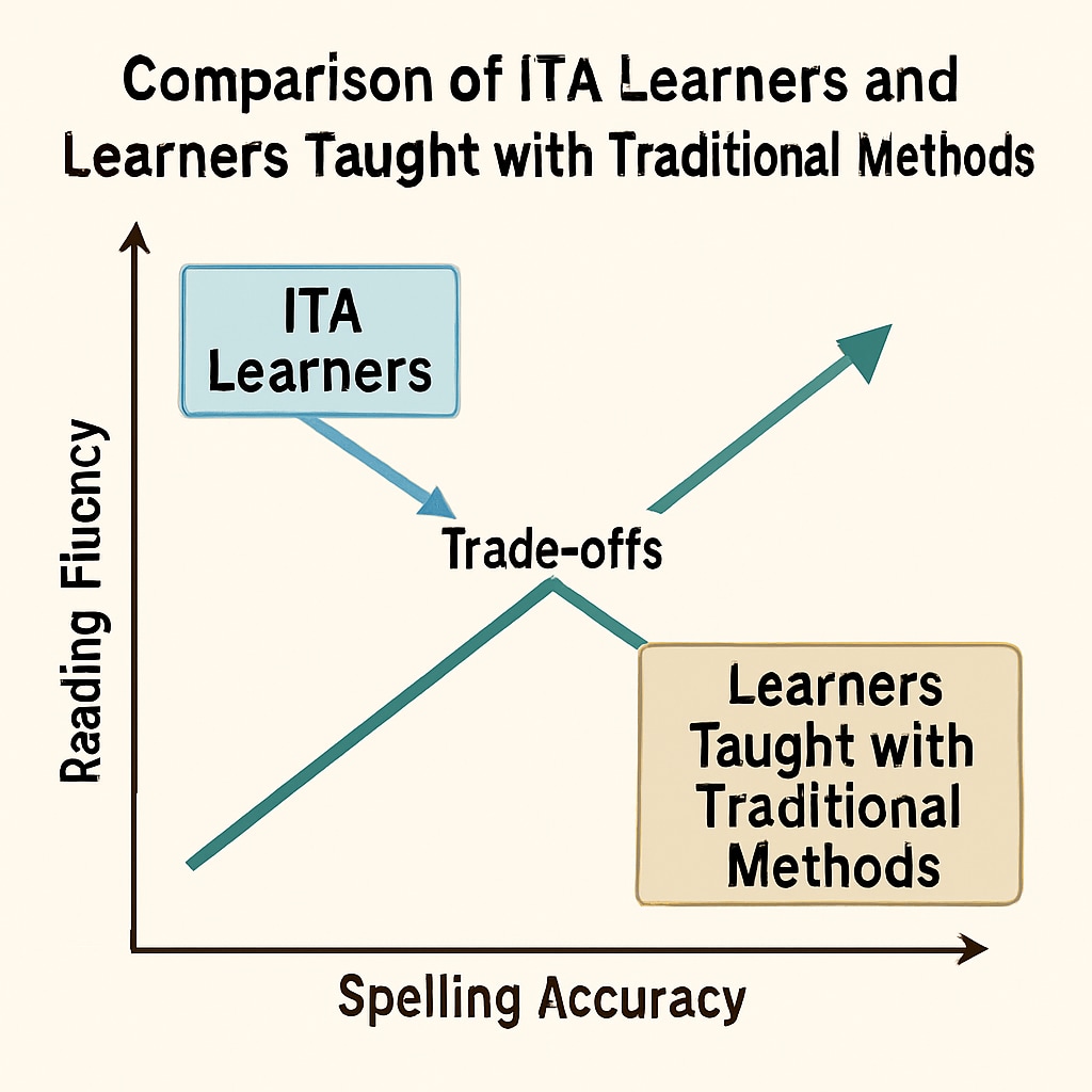 A comparison graph showing reading fluency and spelling accuracy between ITA learners and those taught with traditional methods, emphasizing the trade-offs. Graph comparing ITA learners' reading fluency and spelling accuracy with traditional learners.
