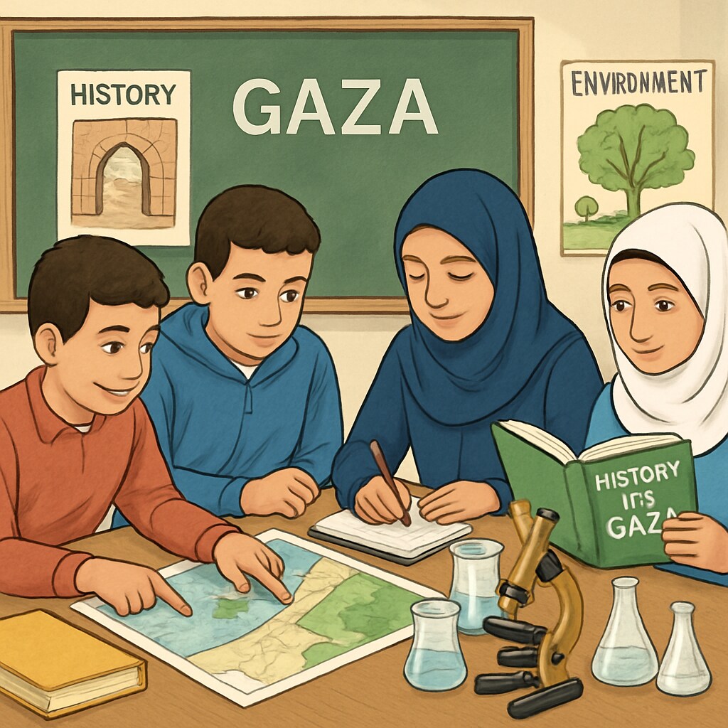 A group of students in Gaza working on a collaborative project about local history and environmental science. Students in Gaza collaborating on a project that integrates local history and science.