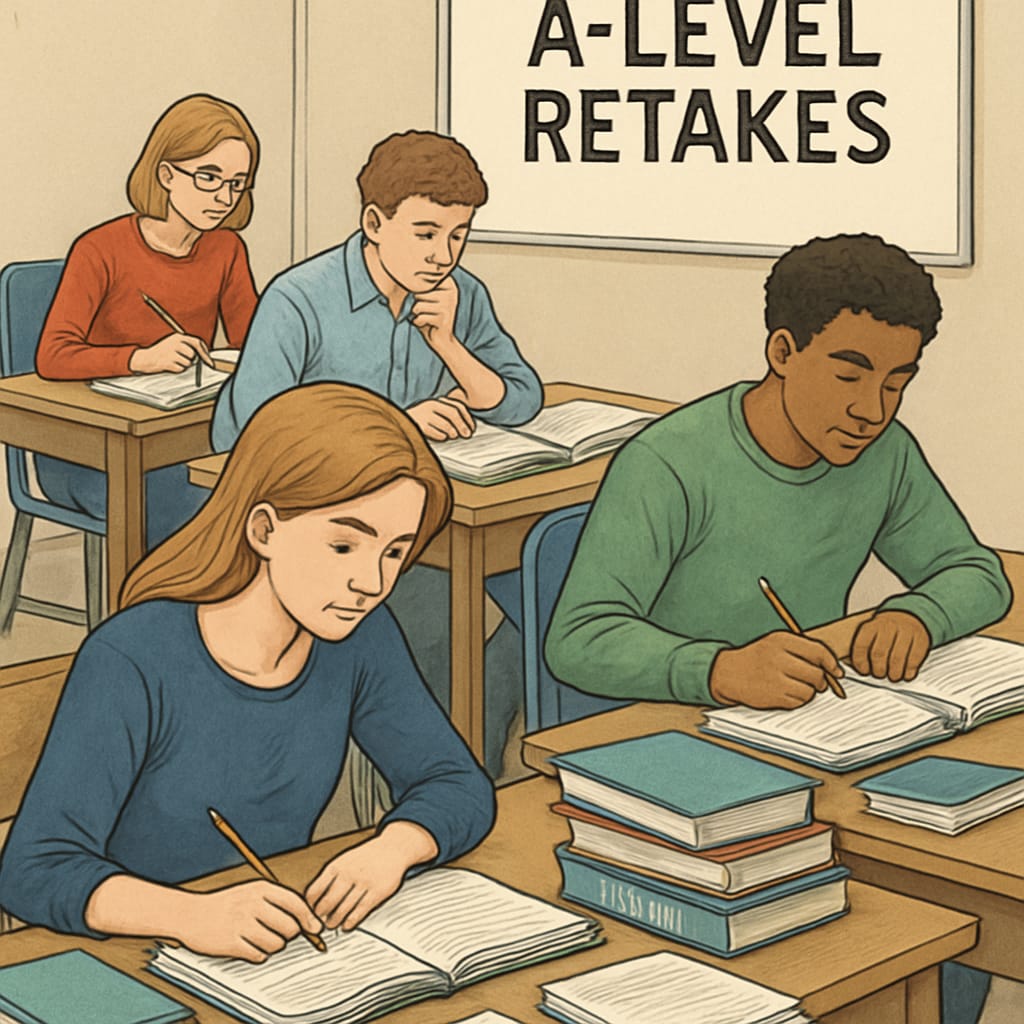 Students preparing for A-level retakes with study materials in a classroom. Students studying for A-level exams with notebooks and textbooks.