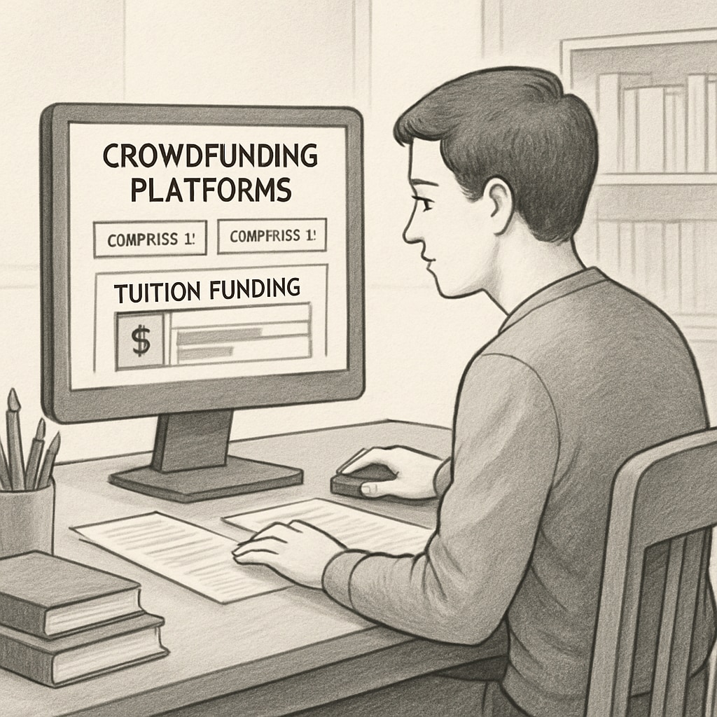 Student exploring crowdfunding platforms to fund tuition.
