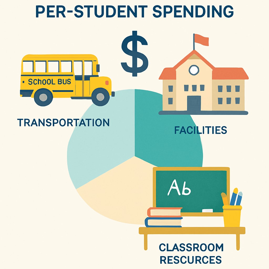 An infographic showing the breakdown of per-student spending, including transportation, facilities, and classroom resources. Infographic detailing per-student spending components, such as transportation and classroom resources.