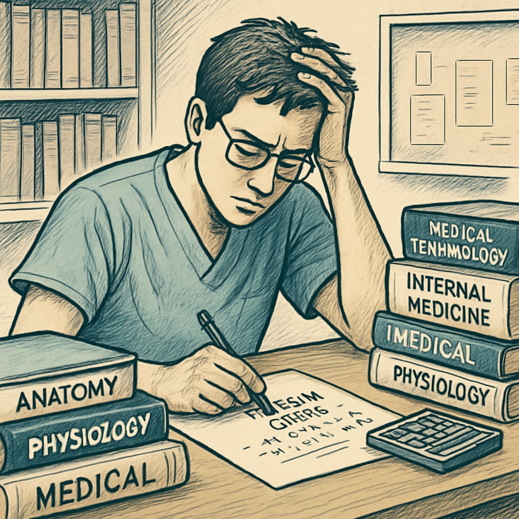 A student sitting at a desk filled with medical textbooks, looking stressed as they calculate tuition costs on paper. A stressed student calculating medical school tuition costs.