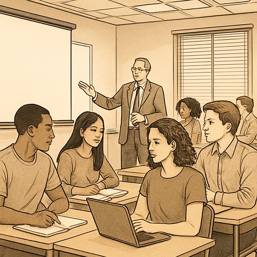 A diverse group of students attending a lecture in a domestic university classroom. University students in a classroom discussing academic topics.