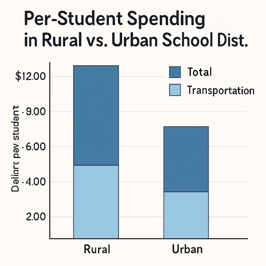 A graph comparing per-student spending in rural vs. urban districts, highlighting transportation costs. Graph illustrating differences in per-student spending between rural and urban schools, focusing on transportation expenses.