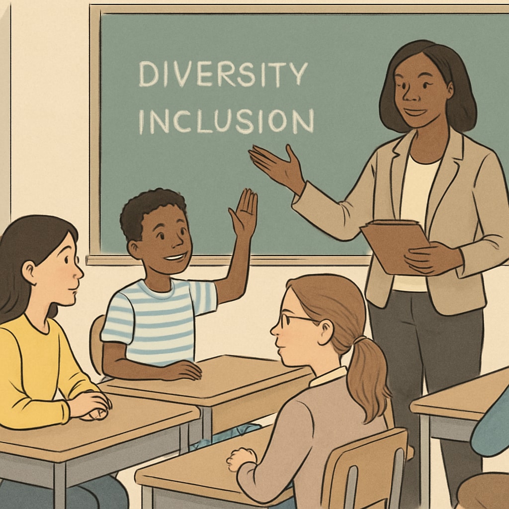 A classroom discussion on diversity and inclusion involving students and a teacher. Students and teacher discussing diversity in a classroom setting.