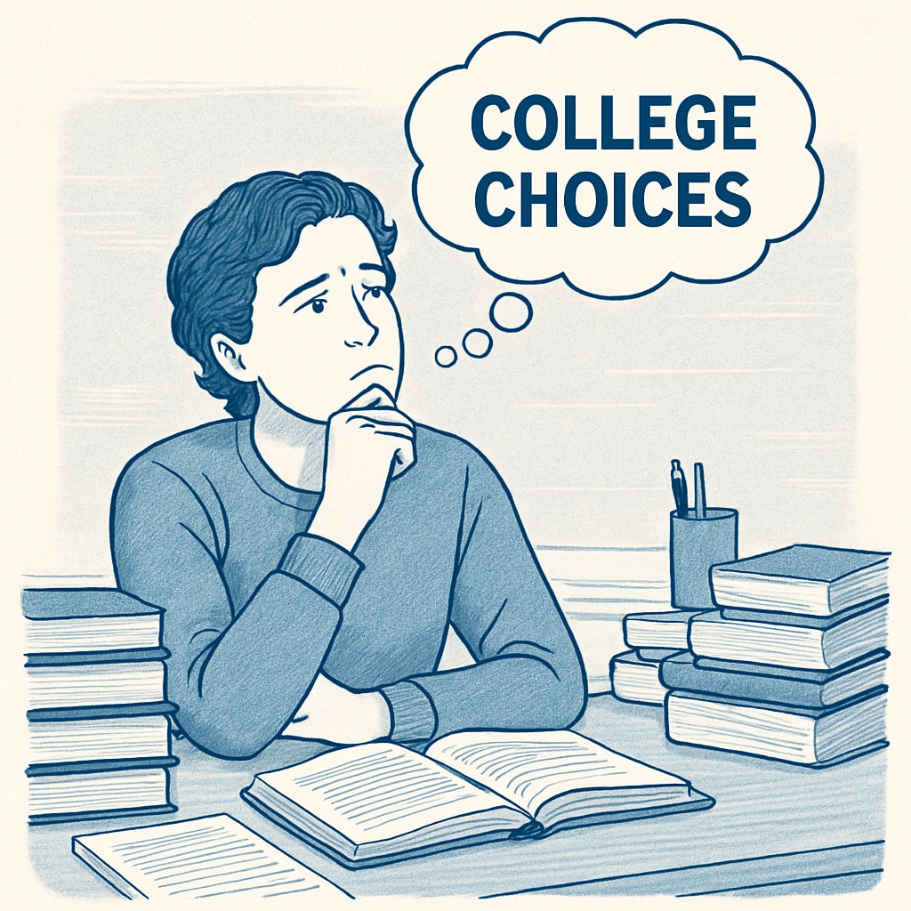 A thoughtful student sitting at a desk, surrounded by books, contemplating college choices Student thinking about college choices, highlighting Princeton, Ivy League, Overrated